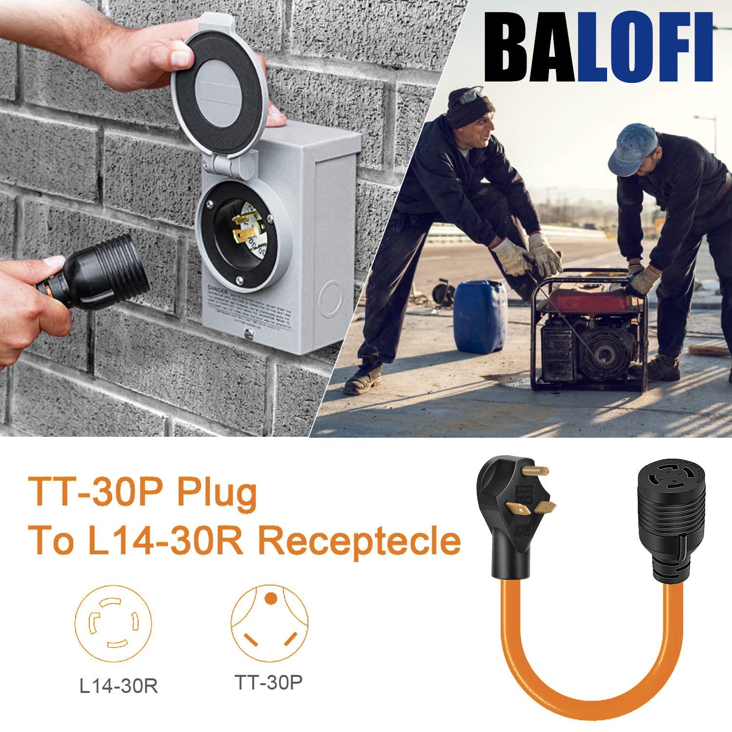 BALoFI 1.5FT  TT-30P to L14-30R Generator Transfer Switch Adapter Cord, 30 Amp 3-Prong to 4-Prong, for RV Generators & Inlet Boxes, STW 10 AWG