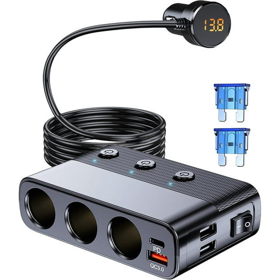 7 in 1 Cigarette Lighter Splitter, 3 Socket Car Charger Adapter, Type-C QC3.0 PD 30W Charging, Dual USB Charging Ports, Independent Switches, LED Voltmeter, Plug Outlet 12V/24V(3.3ft Cable)