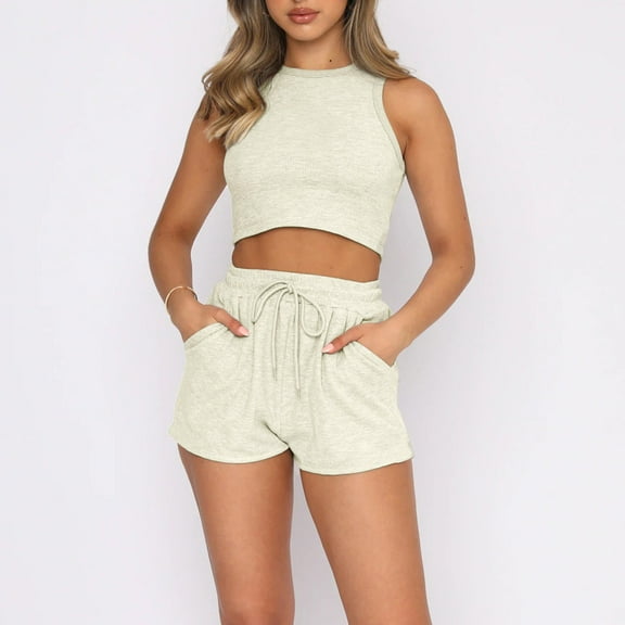 Workout Outfits For Women 2 Piece Casual Matching Sets Crop Tank High Waist Yoga Shorts Exercise Set,Beige Women'S Blended Shorts M