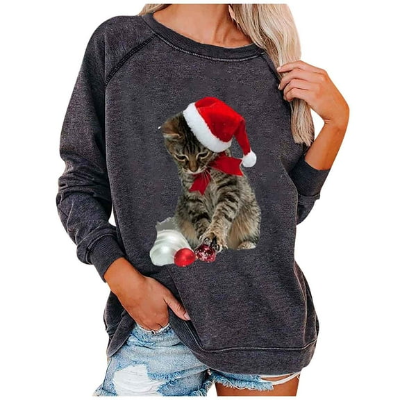 2026 Items under $5 asdoklhq Christmas Clothes for Women on Under $10 Women O-neck Christmas Cat Printing Comfortable Long Sleeves Sweatshirt Tops