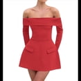 thumbnail image 2 of Vestido Mini para Mujer, con Hombros Descubiertos, Larga, Corte A, Vestido Formal Corto, para Fiesta y Club Rojo S, 2 of 7
