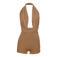 thumbnail image 5 of Arlun Womens One Piece Halter Shorts Romper Outfits Lace Splicing Backless Cowl Neck Jumpsuits Sleeveless Deep V Bodycon Shorts Set Solid Color Stretchy Slim Fitted Clubwear Khaki M, 5 of 6