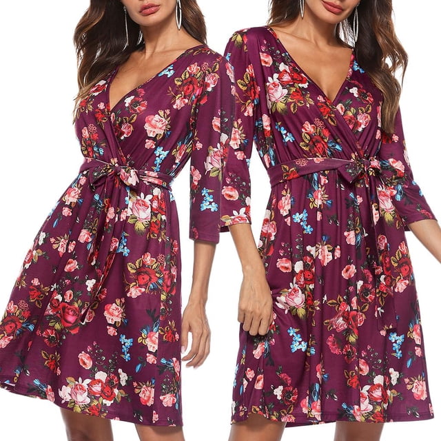 Vestido floral Yinane corto con cuello en V manga 3/4 con pretina
