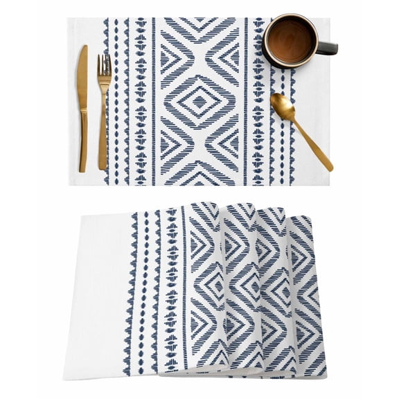 Blue Bohemian Placemats Set of 8 Vintage Farmhouse Abstract Tribe Heat Insulation Washable Place Mats, Rustic Non-Slip Table Mats for Dining Table Party Kitchen Decor,13x19 Inch
