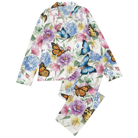 Lotusprinthandmade Spring Floral Butterfly All-over Print Satin Pajamas Set (XL) - Colorful Floral Pajamas Set