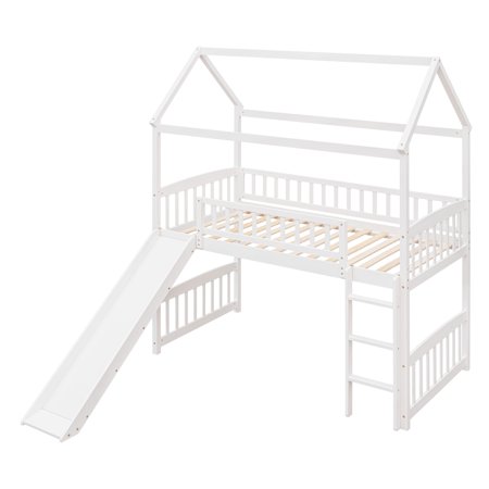 Hombay Kids Child Twin Loft Bed with Slide, Pine Wood Play House Bed Frame with Roof Ladder Guardrails, No Box Spring Needed