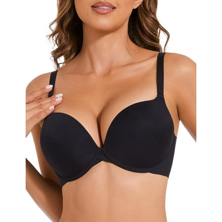 Push Up Padded Plunge Bra Add Cup Size Seamless Underwire T-Shirt Deep V Bras for Women Black 32A WANG