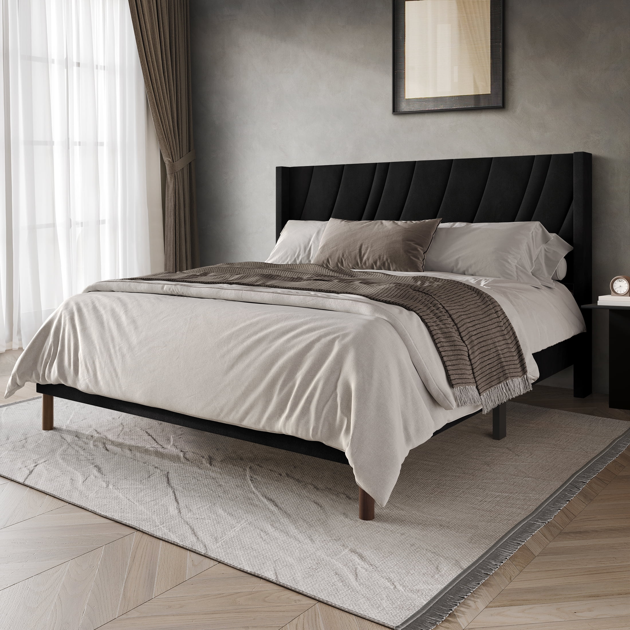 Castle Place Sleek Contemporary Velvet Upholstered Full Platform Bed, Black