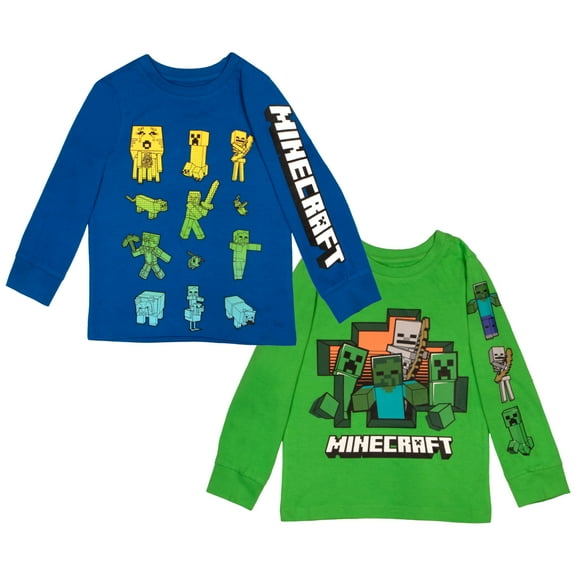 Minecraft Characters Boys Long Sleeve T-Shirt, 2-Pack Bundle Set for Kids and Toddlers (Size 4-16)