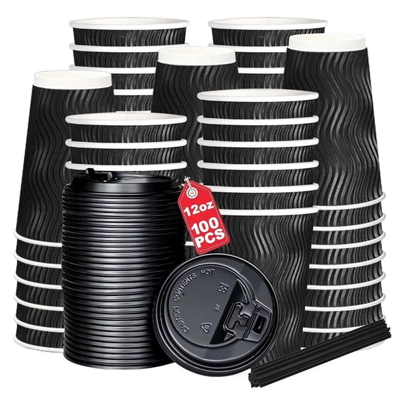 stusgo 12oz Paper Cups,100 Pcs Disposable Paper Coffee Cups with Lids,Hot Drinks,Juice Tea,Parties, Weddings,Recommend Use Commercial（12oz,100 Pack,Black）