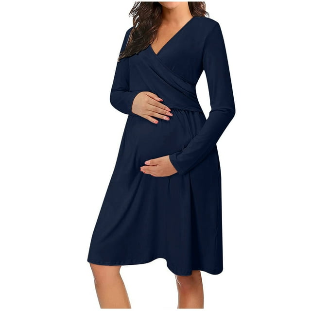 WUANDIXFA Robe de Maternité d'Automne Robe de Maternité Décontractée à Manches Longues de Couleur Unie pour l'Allaitement avec Poche Bleu Marine,2TG