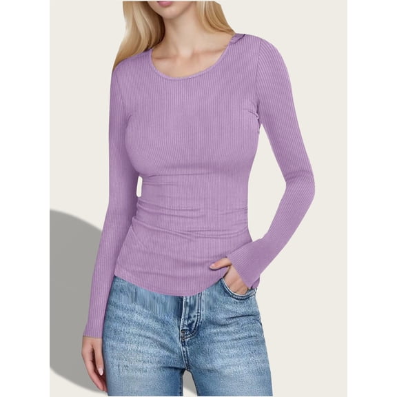 ZHYou Womens Slim Fit Ribbed Knit Long Sleeve Shirts,Crew Neck Basic Tops,Stretchy Comfortable Soft Casual Tees,Purple,Size S