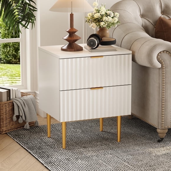 Farmhouse Modern Nightstand with 2 Drawers & Golden Metal Legs,, Bedside Table Fluted End Table for Bedroom