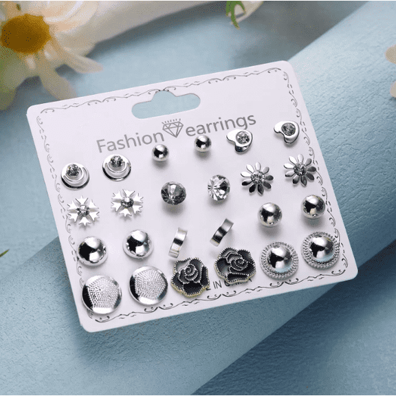 Mixed Shapes Multicolor Cubic Zirconia Stud Earrings, 12 Pairs, Stainless Steel