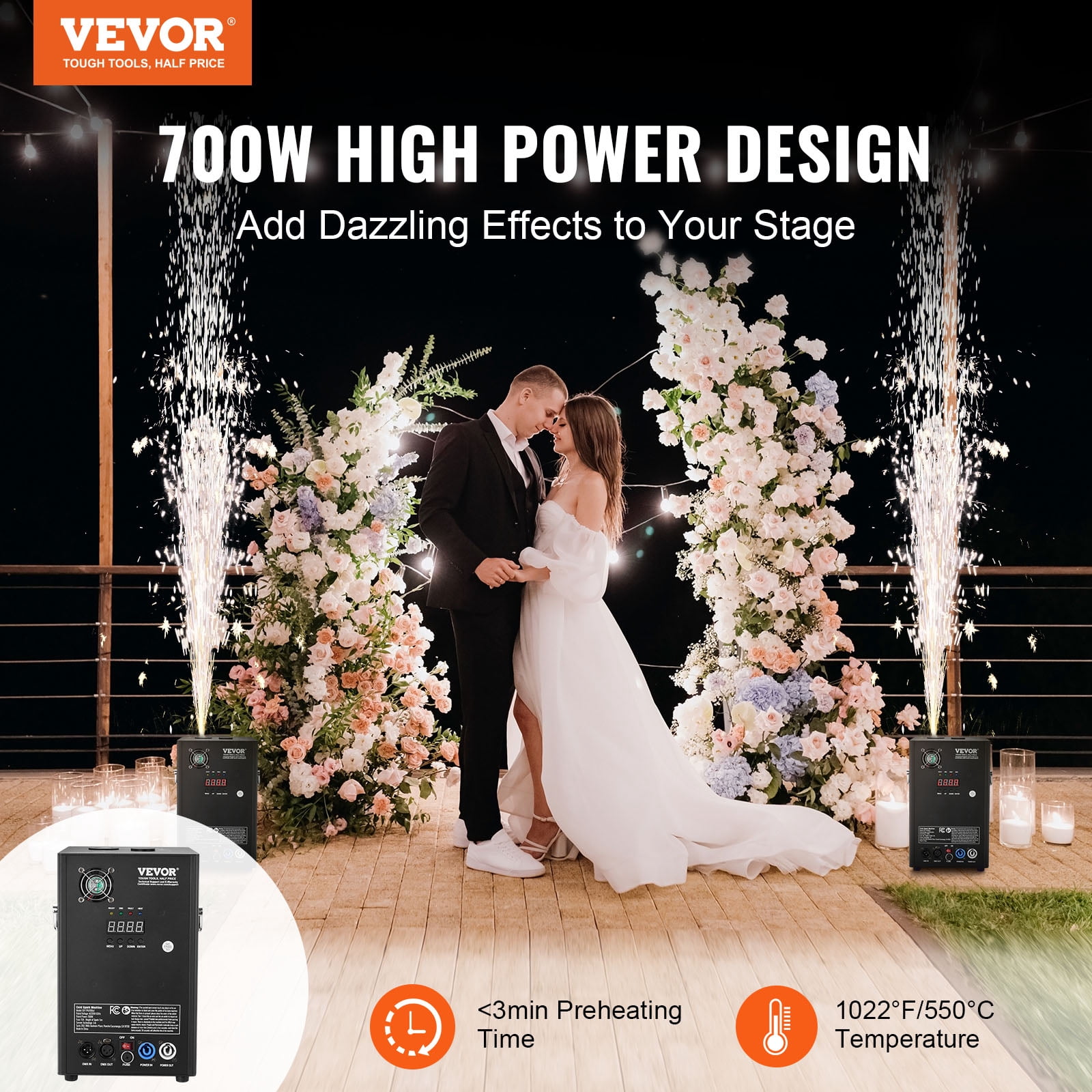 VEVOR Cold Spark Machine, 700W Output Fireworks Controller, 6.6-16.4ft Adjustable Height, with Advanced DMX System,LED Screen,Portable Handle,HeavyDuty Aluminum Alloy for Stage DJ Wedding Event,Party