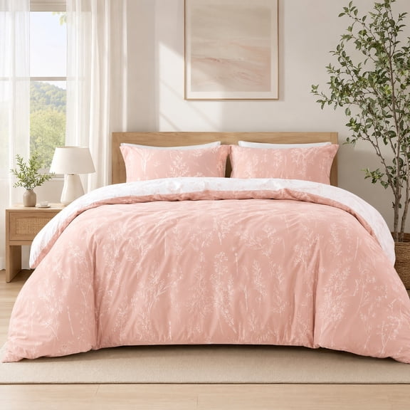 Pink Full Size Comforter Set, 3-Piece Cute Floral Bedding Set, Soft Reversible Botanical Flowers Comforter with 2 Pillow Shams, All Seasons