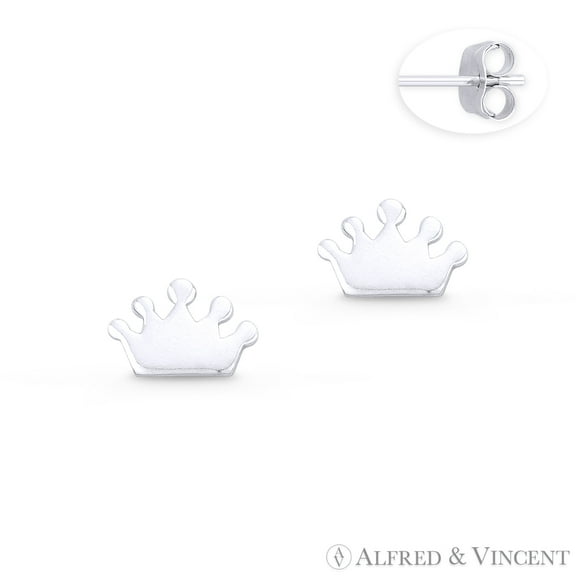 Monarch Crown Royalty Charm Flat Stud Earrings in .925 Sterling Silver