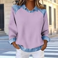 thumbnail image 2 of GUACER Women's Waffle Knit Long Sleeve Tops Denim Collar Contrast Trim Loose Fit Casual Everyday Wears, 2 of 5