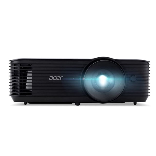 proyector portatil hacer dlp x1228h xga 1024 x 768 4500 lúmenes Acer proyector portátil negro, vista frontal centrada con lente iluminada a la derecha y rejilla de ventilación a la izquierda; carcasa con ranuras horizontales, logo Acer visible, altavoces integrados y botón lateral, pensado para salas medianas o grandes y proyección diurna con brillo indicado de 4500 lúmenes; también suele usarse para presentaciones móviles o cine en casa portátil.