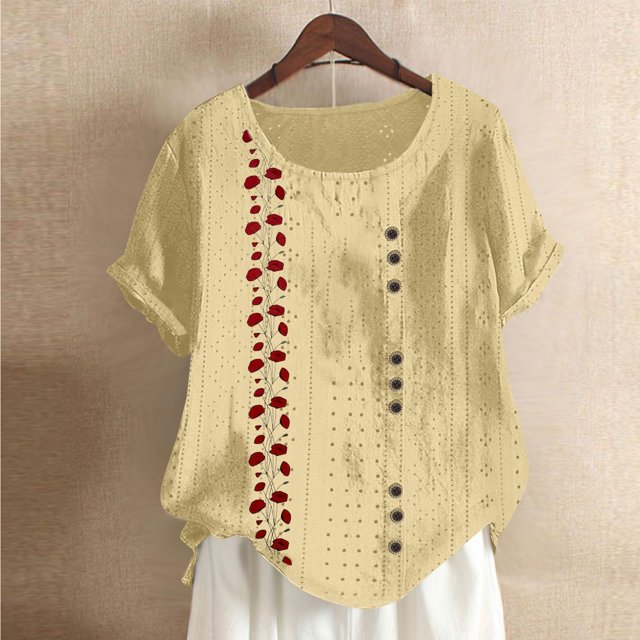 Fiudx Ofertas Flash Del Día Blusa de Manga Corta Holgada y Cómoda con Estampado a La Moda para Mujer, Tops Informales con Cuello Redondo y Cierre de Corte con Botones