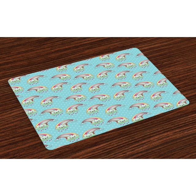 Ambesonne Anime Place Mats Set of 4, Rainbow Clouds Hearts, Standard Size, Multicolor