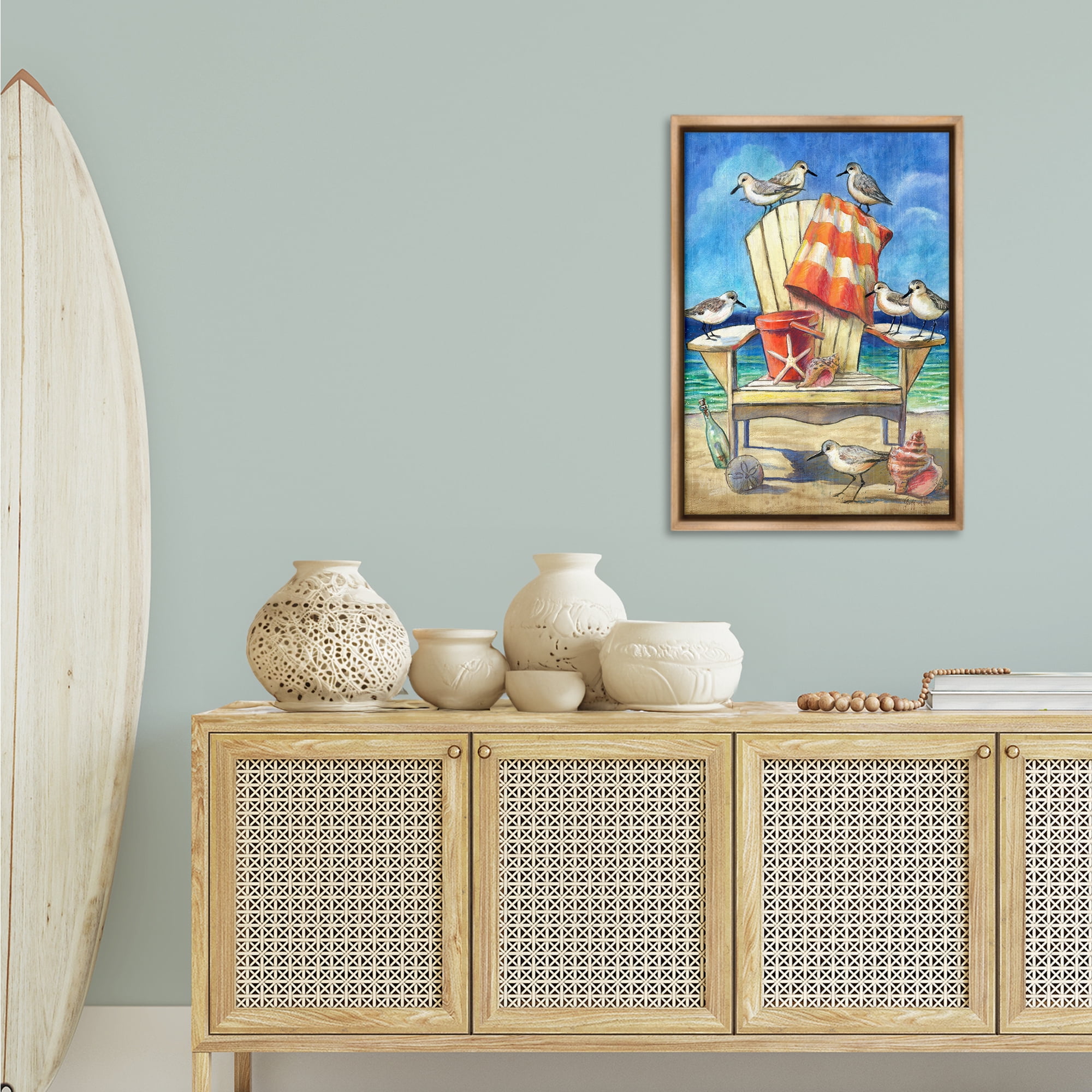 Stupell Industries Summer Beach Chair Seagulls Nautical & Beach Painting Brown Floater Framed Canvas Art Print Wall Art, 21 x 31