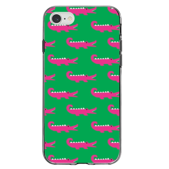 DistinctInk Clear Shockproof Hybrid Case for iPhone 7 8 SE (2020 Model) 4.7" Screen TPU Bumper Acrylic Back Tempered Glass Screen Protector - Green Pink Alligators - Cartoon Alligators