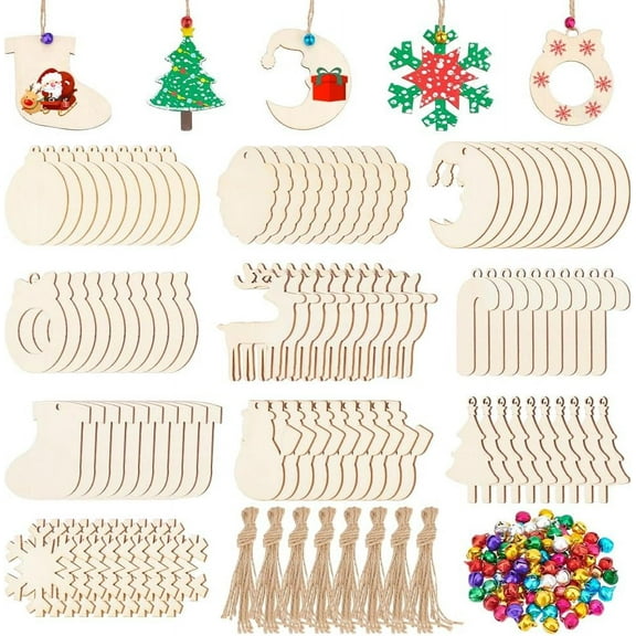 DIY Christmas Decor Making Kit Includes 100 Pcs 10 Styles Wood Pendants 100 Pcs Iron Bell Pendants 10 Bundles Hemp Rope for DIY Christmas Tree Decoration DIY Crafts Hanging Ornaments