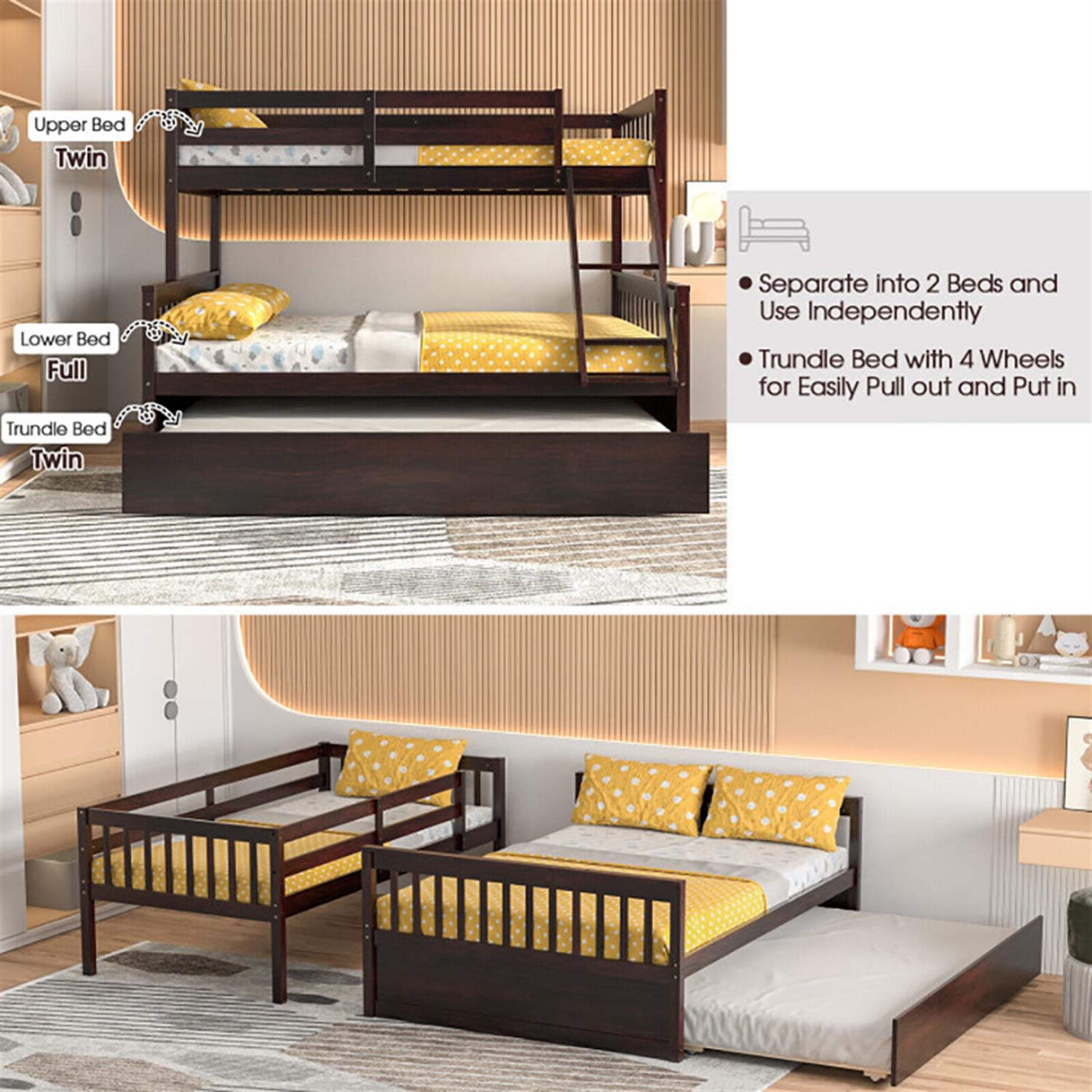 Demi Bonn Twin Pull-Out Bunk Beds with Ladder in the Steps and a Trundle, Full Convertible Bunk Bed Platform, Brown