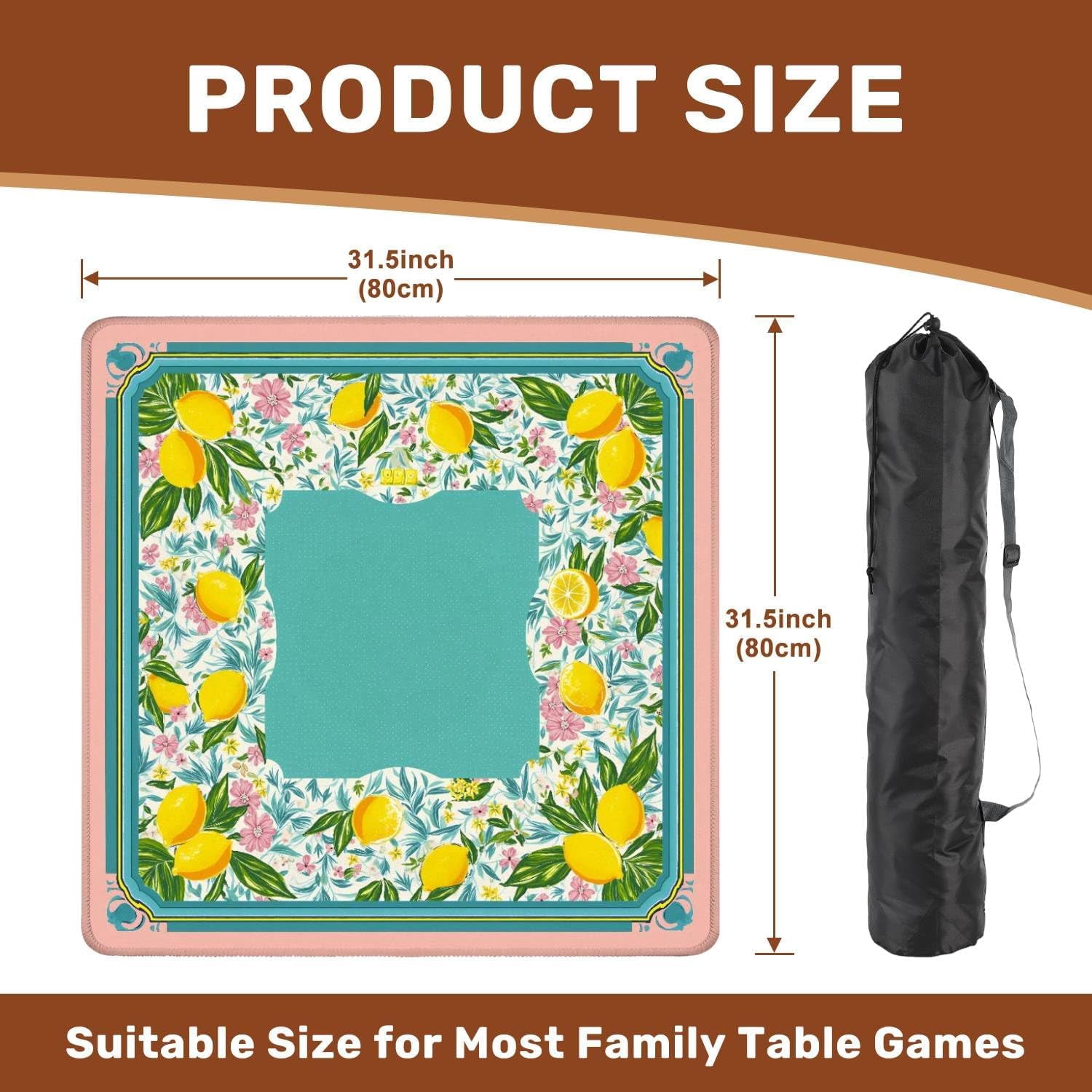 Mahjong Mat 31.5" x 31.5" Lemon Floral Tropical Teal Non-Slip Noise Reduction Mahjong Tiles Table Cover for Dominoes Poker Card Board and Tile Games Gift