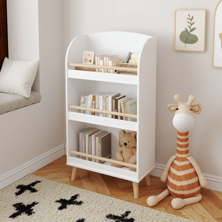 HOYUTO Kids Bookshelf with Front-Facing Display - 3-Tier White Wooden Book Organizer with Pine Legs - Montessori Style Storage Cabinet for Children s Bedroom Playroom Nursery - 37.4 Height