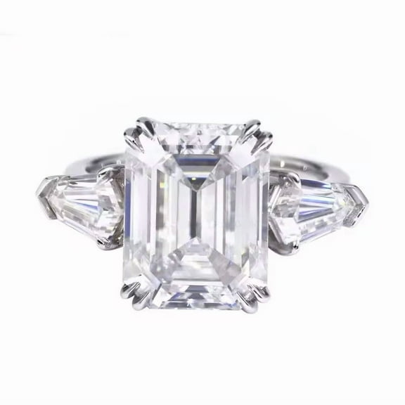 13x10mm Emerald Cut and Kite Cut Lab-Created Moissanite & Diamond Three-Stone Luxury Design in Sterling Silver Engagement Ring for Women