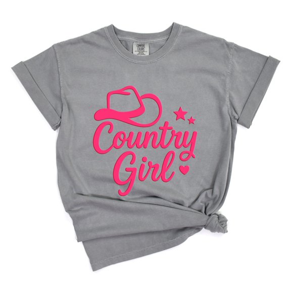 Country Girl Hat Puff Print - Womens Garment Dyed Graphic T-Shirt