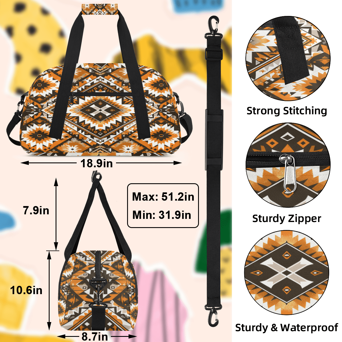 Herdesigns Aztec Geometric Sports Duffle Bag for Women & Men, Gym Bag Dance Bag Overnight Bag Carry On Weekender Travel Bag