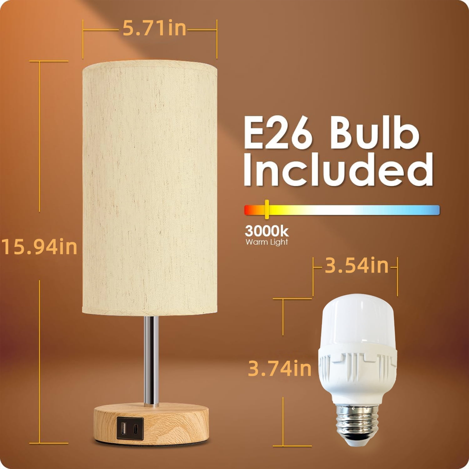 Behome Table Lamp, Bedside Small Lamps with 3 Way Dimmable, Lamp for Nightstand, Desk Lamp for Living Room, Dorm, Home Office (LED Bulb Included)