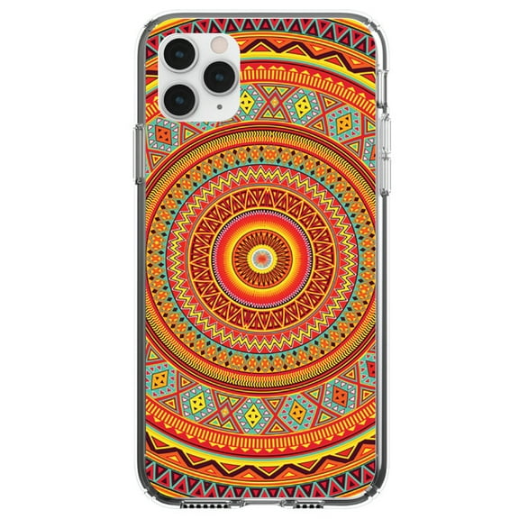 DistinctInk Clear Shockproof Hybrid Case for iPhone 13 (6.1" Screen) - TPU Bumper, Acrylic Back, Tempered Glass Screen Protector - Orange Teal Yellow Tribal Print