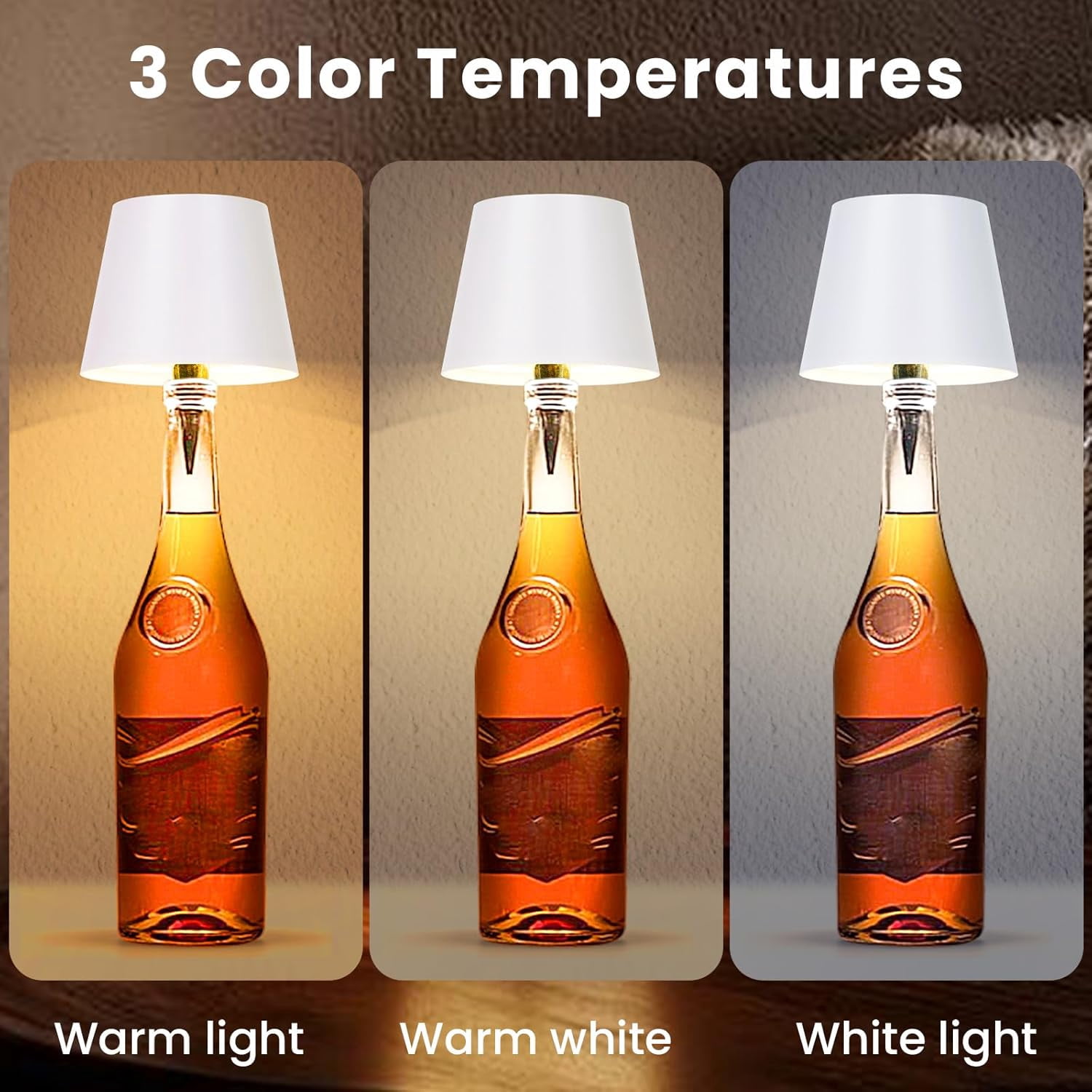 Wireless Bottle Lamp, 3 Color Stepless Dimming Rechargeable LED Wine Bottle Lights, Touch Wine Bottle Lamp with RGB Breathing Light Cordless Table Lamp for Bars Restaurants