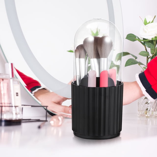 unbranded Organizador Giratorio Para Brochas De Maquillaje Con Tapa Transparente Y Compartimentos Múltiples Negro