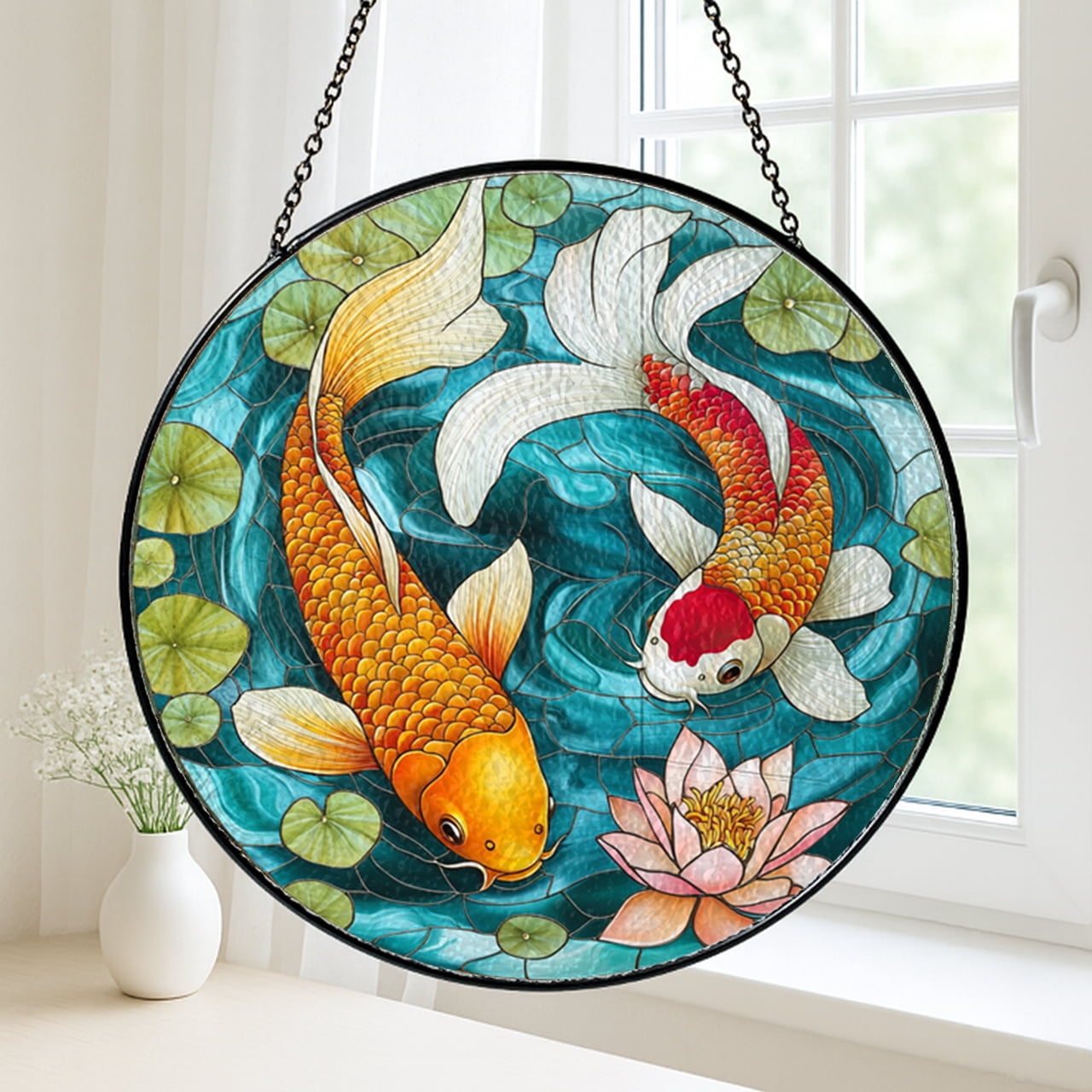 Handmade Koi Fish Faux Stained Glass Panel – Colorful Home Decor Gift