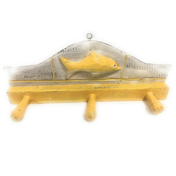 Fish Hanger 12" w/ 3 Pegs - Rustic Yellow Coastal Decor | #ort1700428y