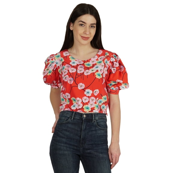 Moomaya Elegant Round Neck Top For Womens Casual Balloon Sleeves Printed Summer Crop Top