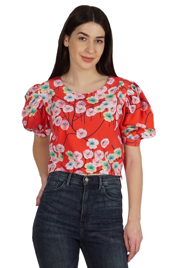 Elegant Round Neck Top For Womens Casual Balloon Sleeves Printed Summer Crop Top