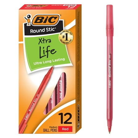 BIC Round Stic Xtra Life Ballpoint Pen, Stick, Medium 1 mm, Red Ink, Translucent Red Barrel, Dozen