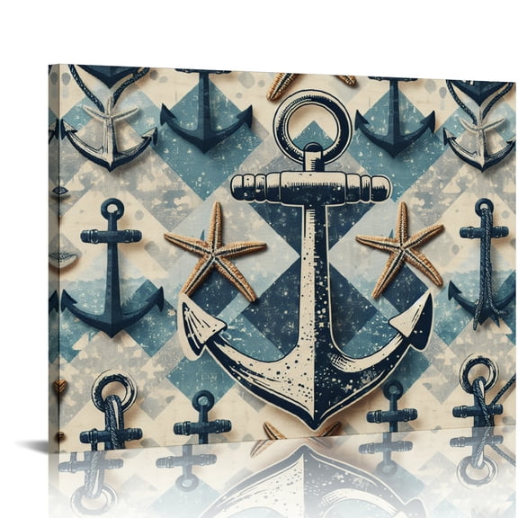 Yiluyinqing Anchors Starfish Canvas Print Wall Decorations for Bathroom, Ready To Hang Home Art Decor 16x12in