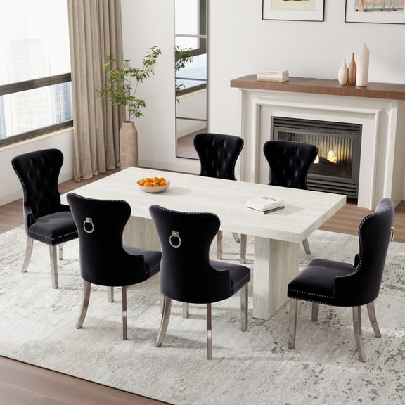Roundhill Furniture Cavira 7-Piece Modern Dining Set, Faux Marble Dining Table with Four Chairs, Black