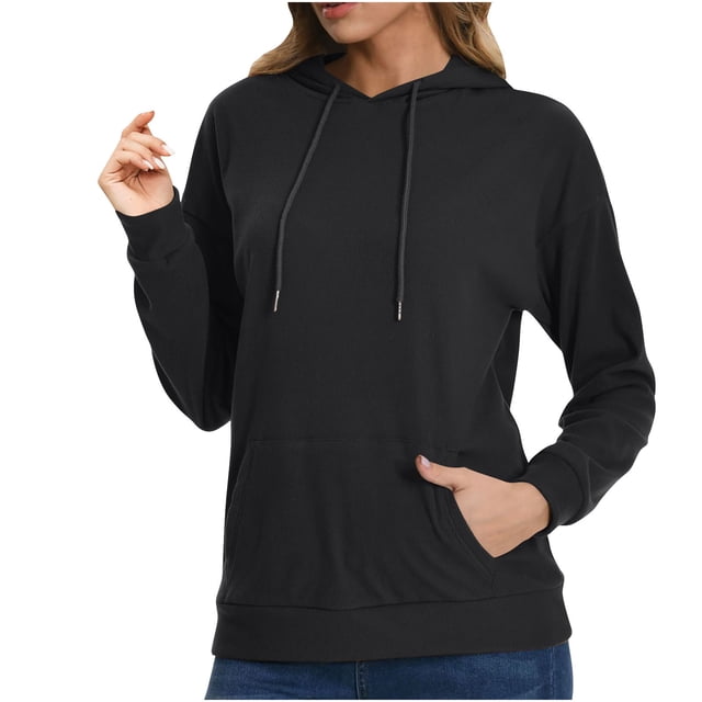 GigrtiJin Women's Hoodies Solid Color Long-Sleeved Hooded Sweatshirt Casual Drawstring Pullover Tops with Pockets