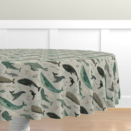 

Cotton Sateen Tablecloth 70 Round - Whale Gray Large Sea Ocean Swim Creatures Watercolor Whales Life Nautical Gender Neutral Baby Print Custom Table Linens by Spoonflower