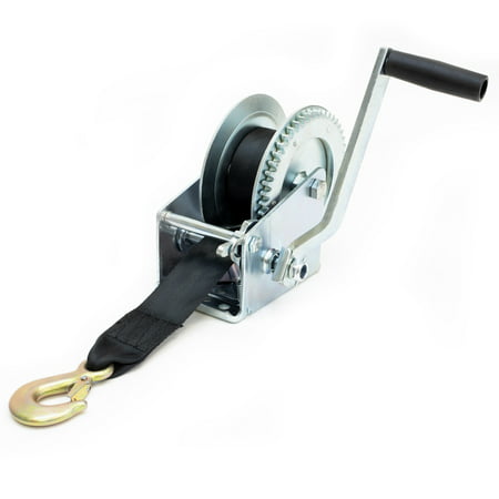 Driver Recovery Manual Hand Crank Trailer Winch with Hook and 20' Strap - Heavy Duty 1,500 Pound (Best Winch For Jk)