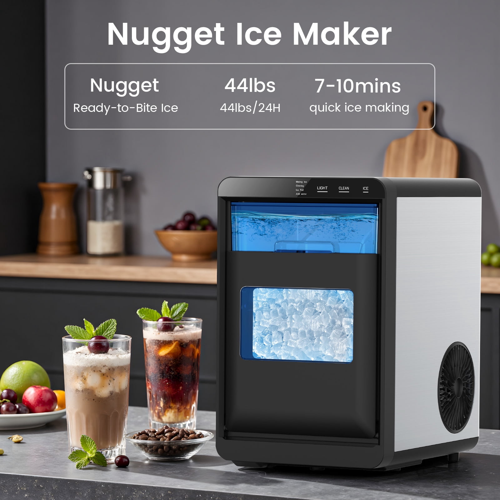 KNDKO Nugget Ice Maker Countertop, 44Lbs/24H Crushed Ice Maker, Pellet Ice Machine with Ice Scoop &Removable Basket,Sonic Countertop Ice Machine for Home/Kitchen/Office