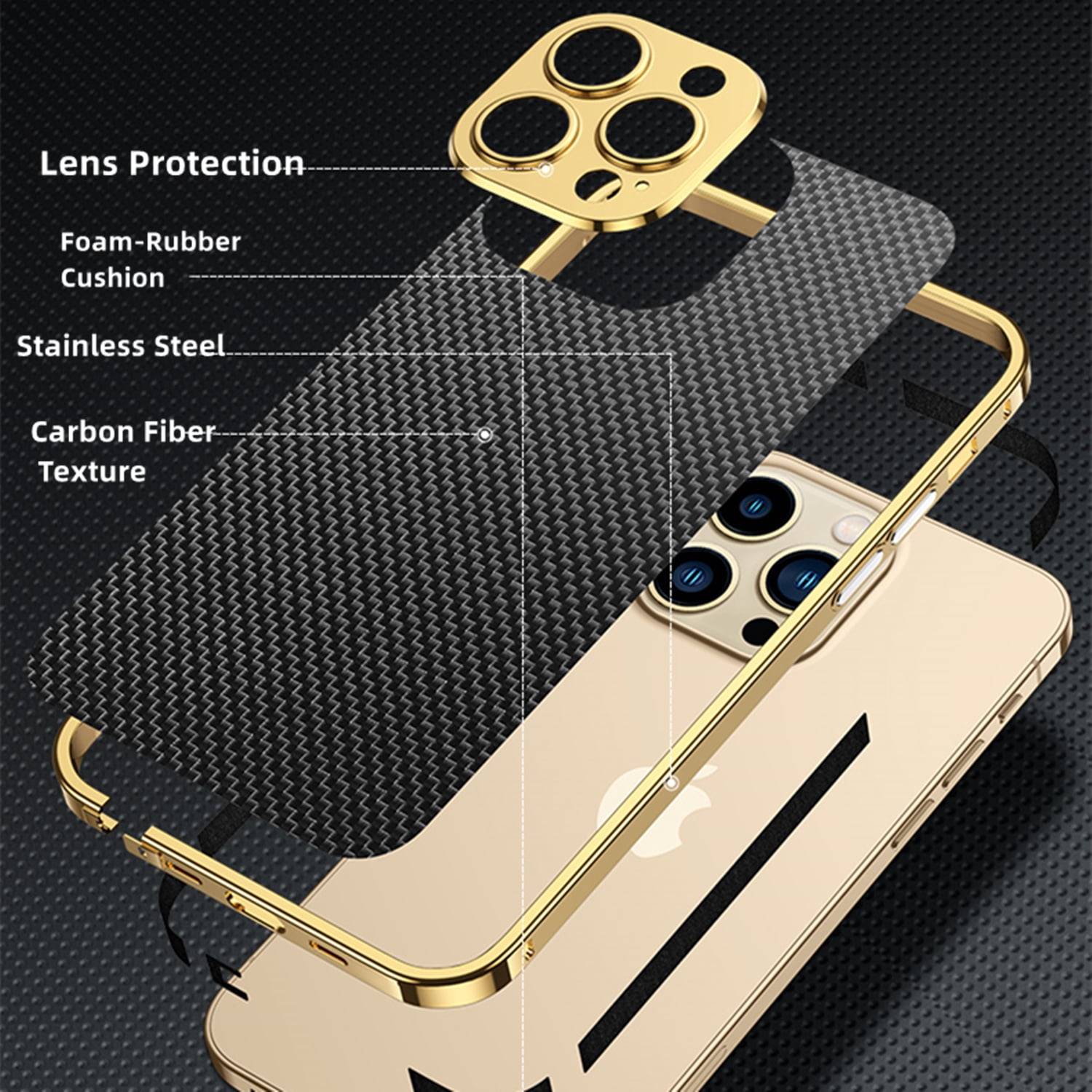 ELEHOLD Luxury Heavy Duty Case for iPhone 14 Pro Max 6.7 Slim Thin Case Stainless Steel Frame Carbon Fiber Back Design All-inclusive Lens Protection Shockproof Case,Silver